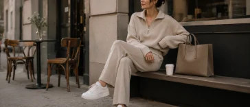 Person wearing neutral loungewear knit set styled with sneakers and tote bag in a minimal urban café setting.