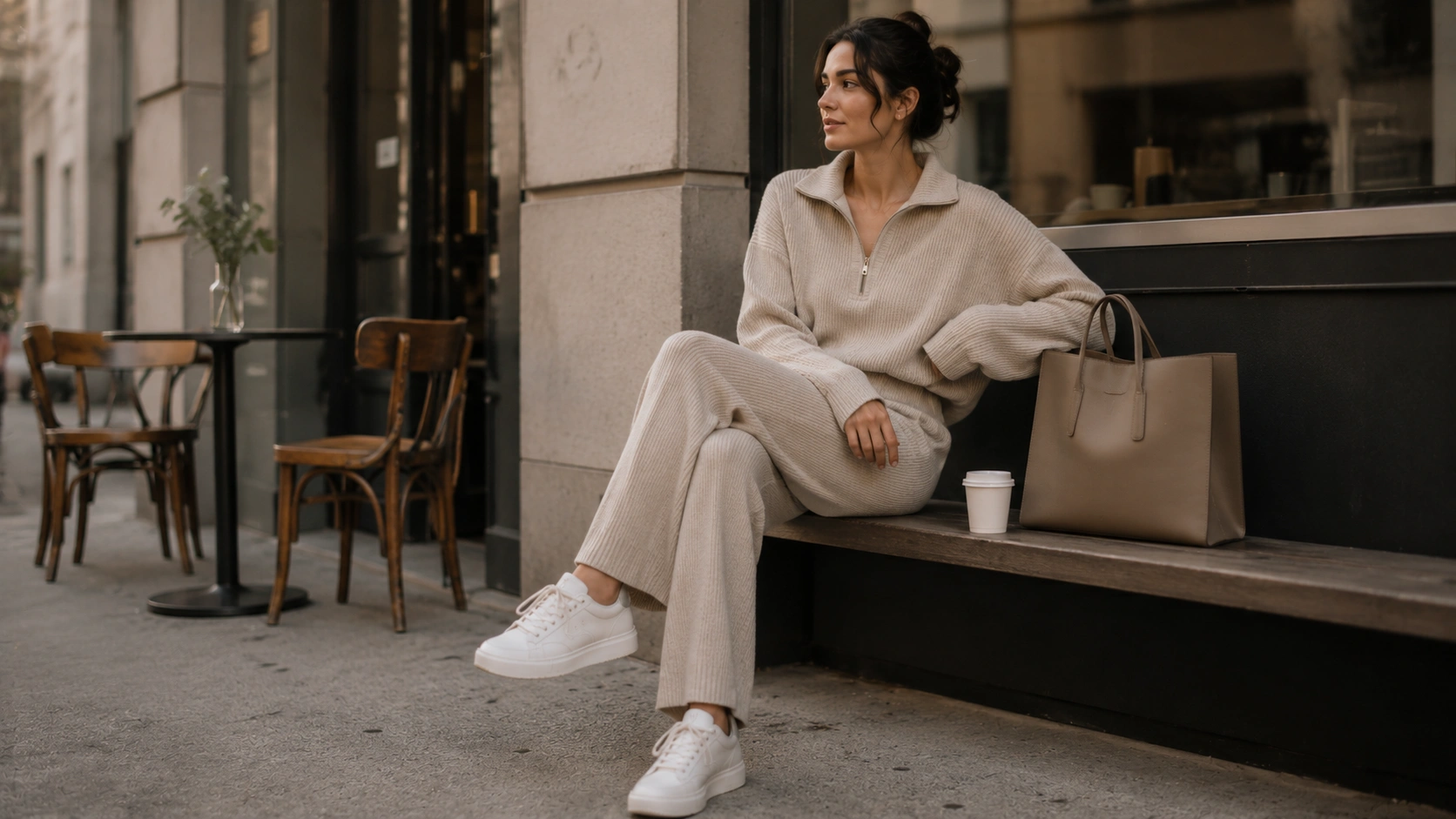 Person wearing neutral loungewear knit set styled with sneakers and tote bag in a minimal urban café setting.