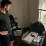Man in a bedroom picking a polo shirt, chinos, and clean sneakers laid out as a golf-style summer outfit on a chair