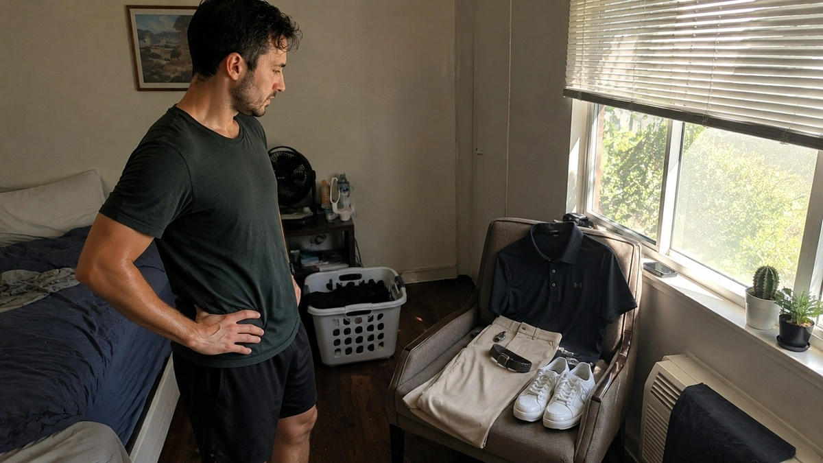 Man in a bedroom picking a polo shirt, chinos, and clean sneakers laid out as a golf-style summer outfit on a chair